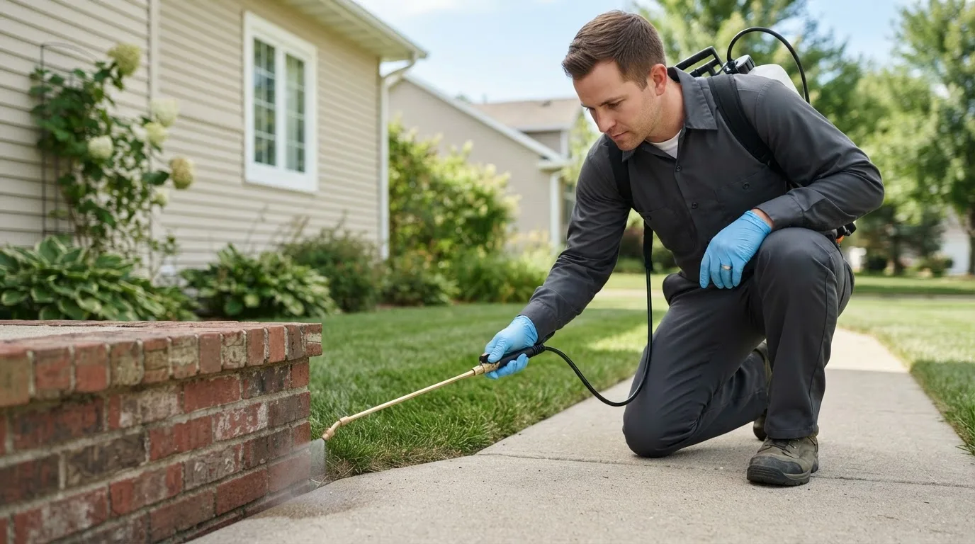 Pest control technician treating a home near Herculaneum, MO